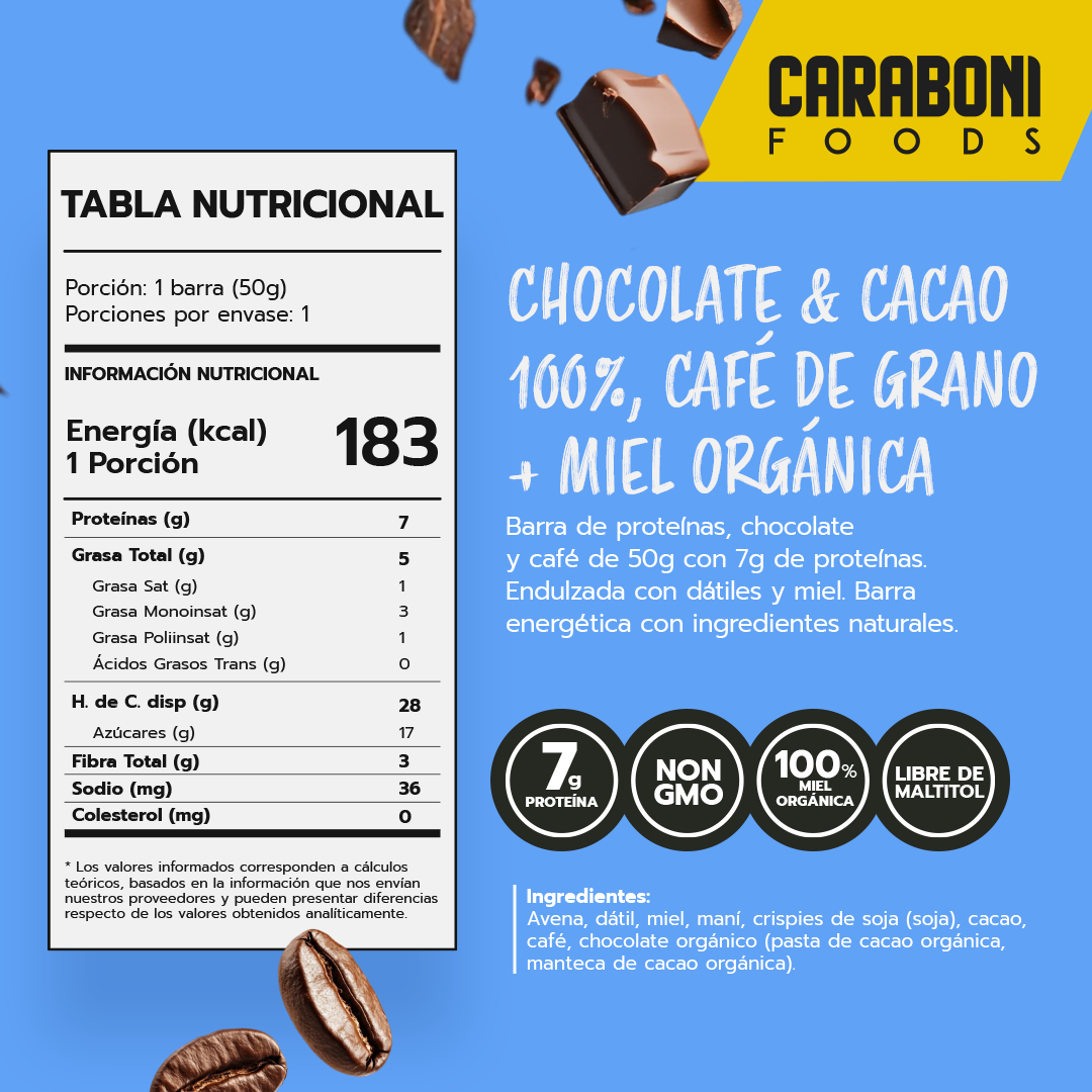 CACAO | Chocolate 100% Café de grano + Miel Cruda Barra Energética 50 gr.