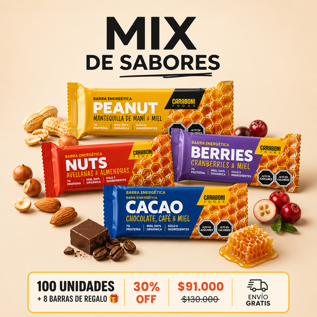Pack MIX de sabores CaraboniFoods – 4 Sabores, 100% Naturales con Miel Cruda