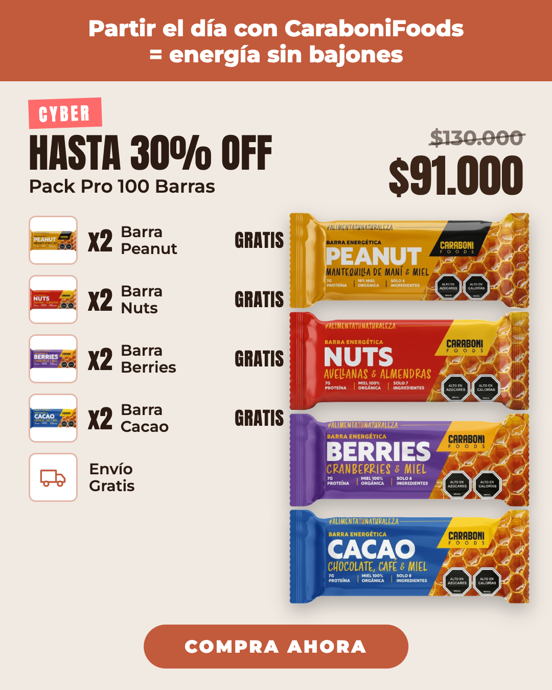 Cyber CaraboniFoods: Pack Pro 100 barras hasta 30% OFF a $91.000