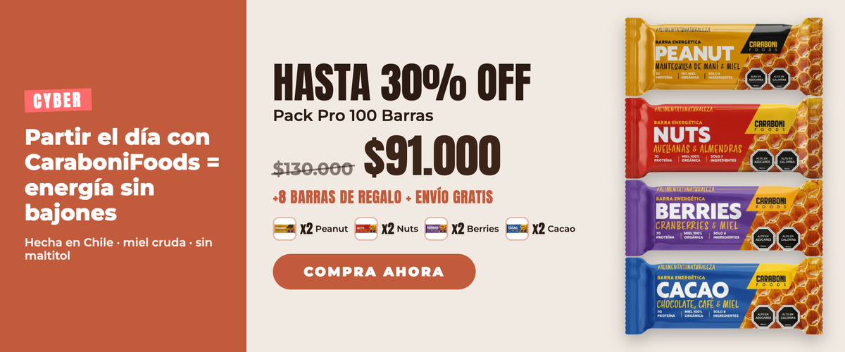 Cyber CaraboniFoods: Pack Pro 100 barras hasta 30% OFF a $91.000