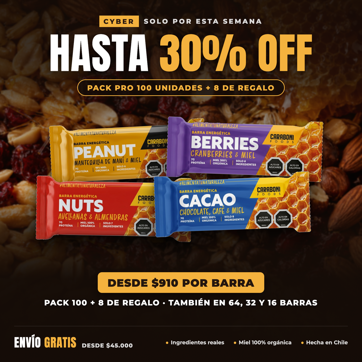 Cyber CaraboniFoods: Pack MIX hasta 30% OFF, desde $910 por barra